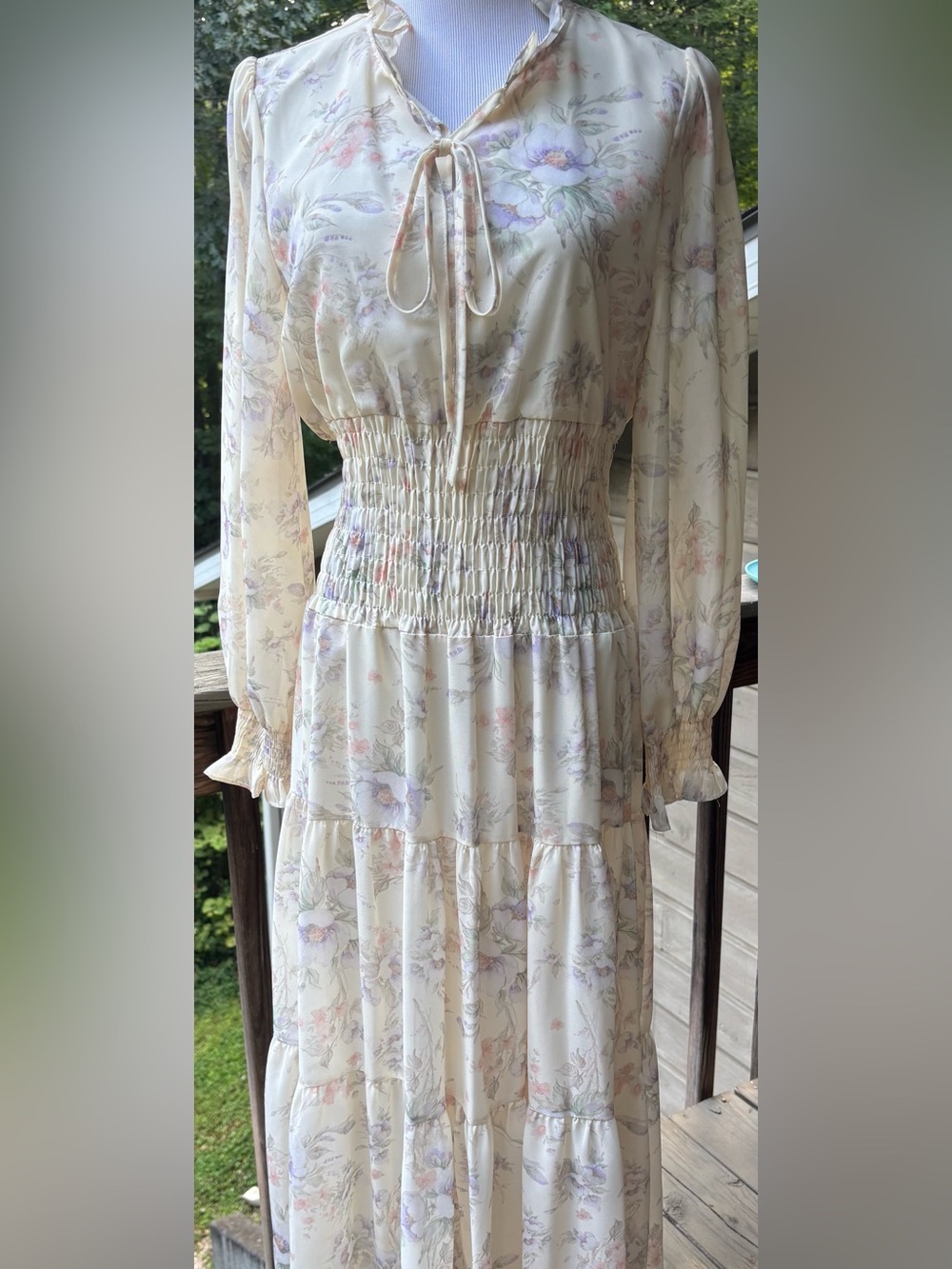 Women’s Floral Cream Long Sleeve Tiered Smocked Waist Dress